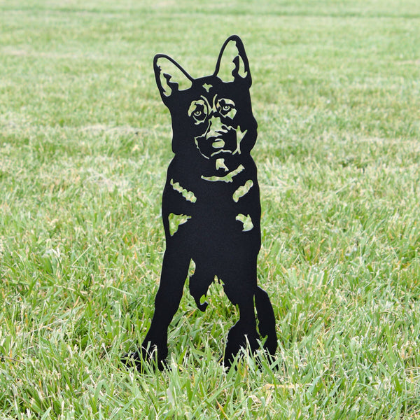 German Shepherd Corten steel dog silhouette, matte black finish, shown outdoors – My Metal Rescue