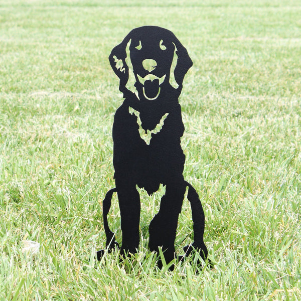Flat Coated Retriever Metal Art Handmade Dog Silhouette Corten steel dog silhouette, matte black finish, shown outdoors – My