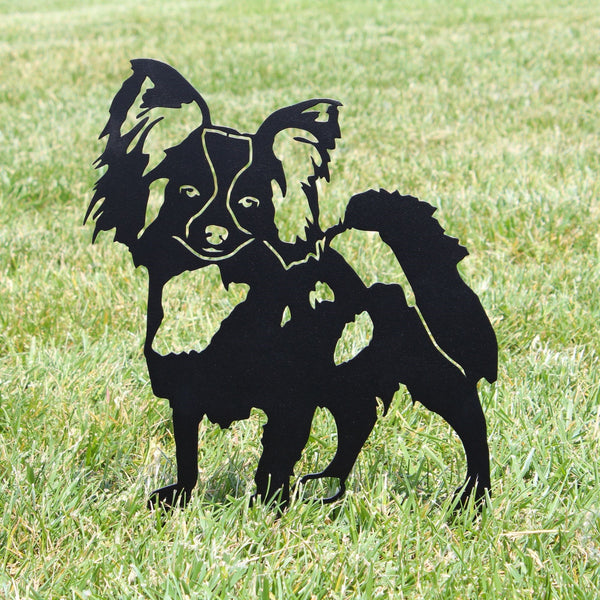 Papillon Corten steel dog silhouette, matte black finish, shown outdoors – My Metal Rescue