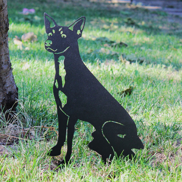 Rat Terrier Corten steel dog silhouette, matte black finish, shown outdoors – My Metal Rescue