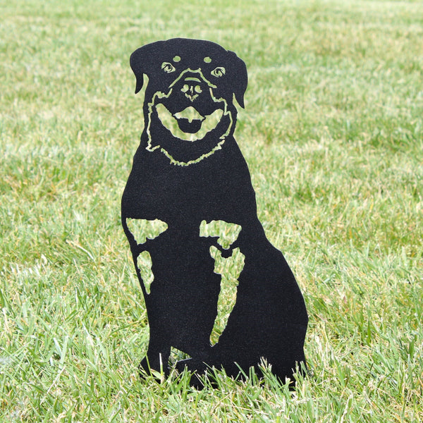 Rottweiler Corten steel dog silhouette, matte black finish, shown outdoors – My Metal Rescue