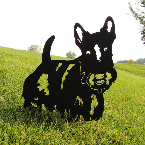 Scottish Terrier Corten steel dog silhouette, matte black finish, shown outdoors – My Metal Rescue