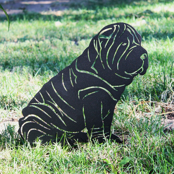 Shar Pei Corten steel dog silhouette, matte black finish, shown outdoors – My Metal Rescue