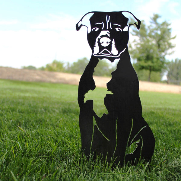 Staffordshire Bull Terrier Corten steel dog silhouette, matte black finish, shown outdoors – My Metal Rescue
