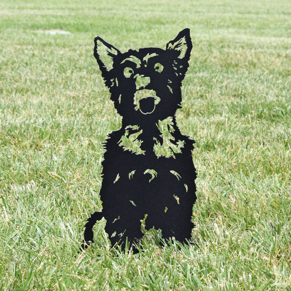 Yorkshire Terrier Corten steel dog silhouette, matte black finish, shown outdoors – My Metal Rescue