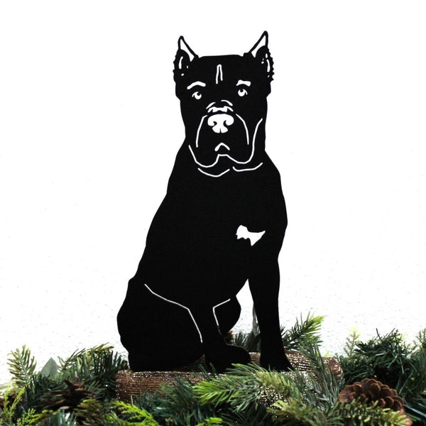 Cane Corso Corten steel dog silhouette, matte black finish, shown outdoors – My Metal Rescue