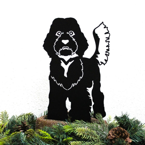 Labradoodle Corten steel dog silhouette, matte black finish, shown outdoors – My Metal Rescue