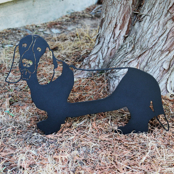 Basset Hound Corten steel dog silhouette, matte black finish, shown outdoors – My Metal Rescue