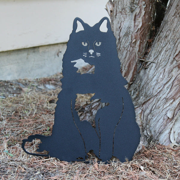 British Longhair Corten steel dog silhouette, matte black finish, shown outdoors – My Metal Rescue