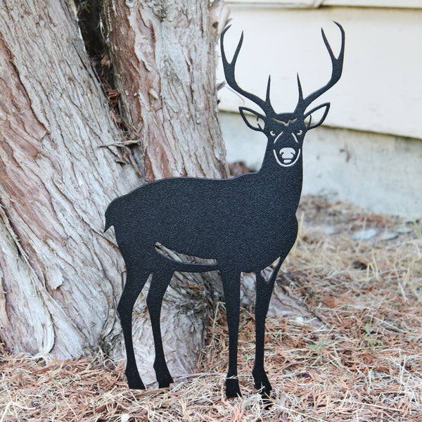 Deer Buck Corten steel dog silhouette, matte black finish, shown outdoors – My Metal Rescue