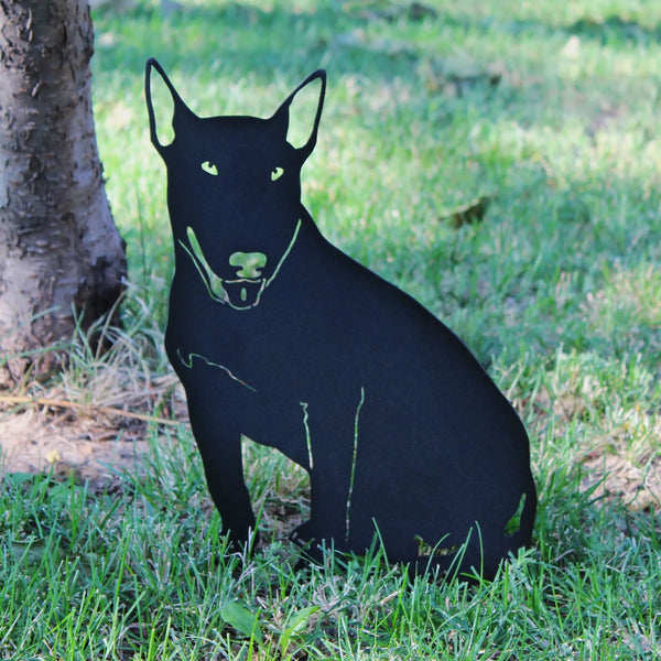Bull Terrier Corten steel dog silhouette, matte black finish, shown outdoors – My Metal Rescue