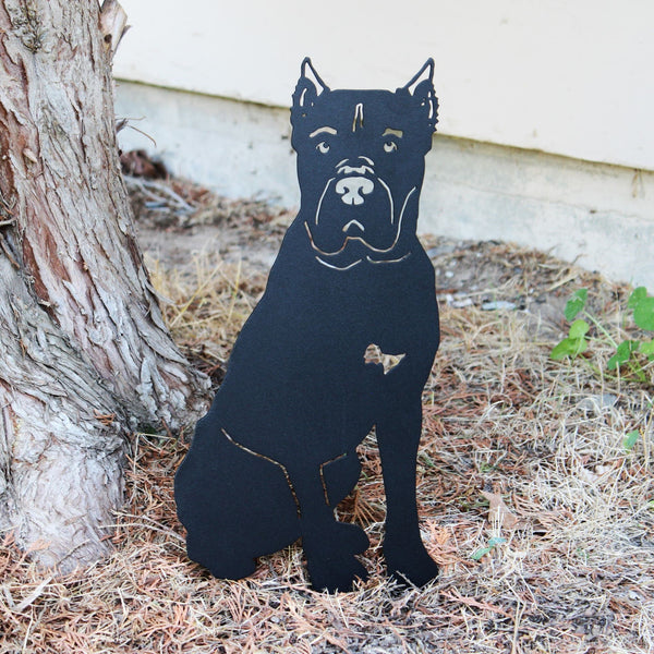 Cane Corso Corten steel dog silhouette, matte black finish, shown outdoors – My Metal Rescue