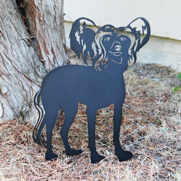 Chinese Crested Corten steel dog silhouette, matte black finish, shown outdoors – My Metal Rescue