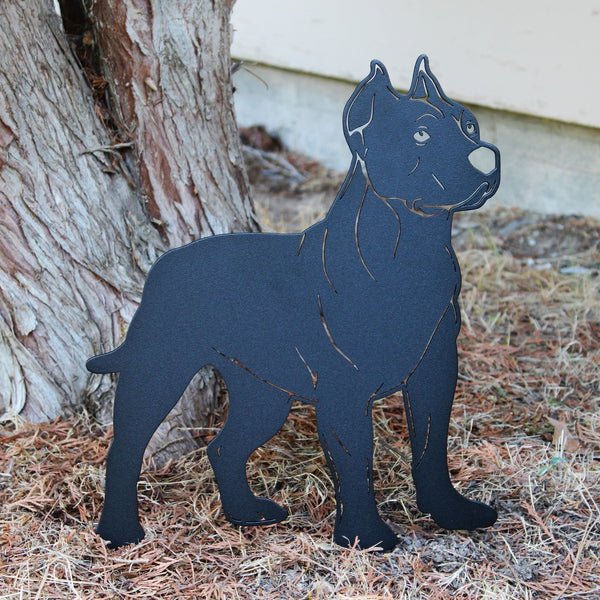 Dogo Argentino Corten steel dog silhouette, matte black finish, shown outdoors – My Metal Rescue