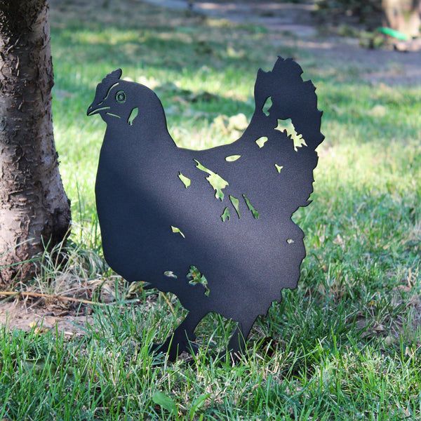 Chicken Corten steel dog silhouette, matte black finish, shown outdoors – My Metal Rescue