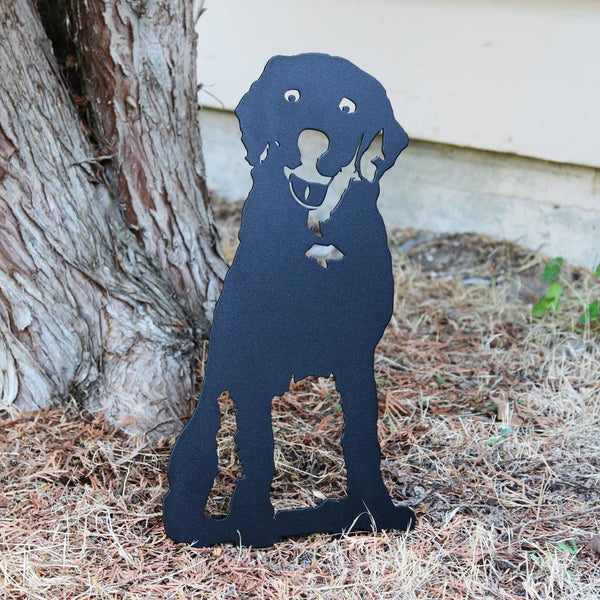 Labrador Retriever Metal Art Handcrafted Dog Décor Corten steel dog silhouette, matte black finish, shown outdoors – My