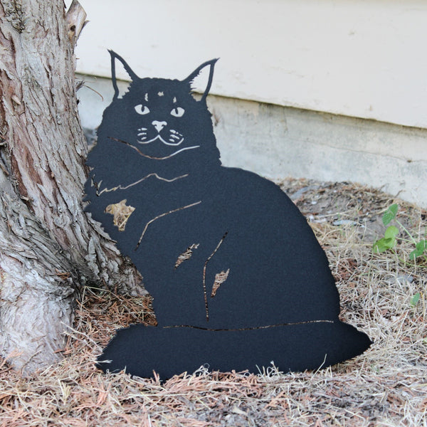 Maine Coon Corten steel dog silhouette, matte black finish, shown outdoors – My Metal Rescue