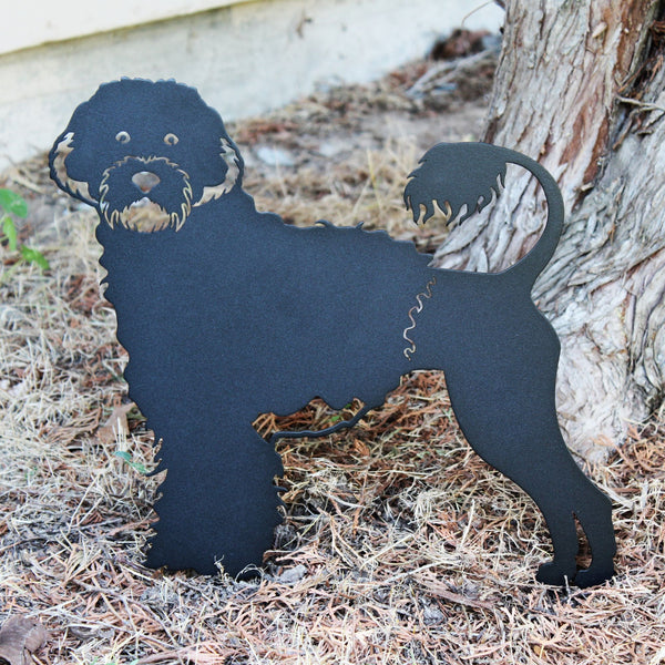 Portuguese Water Dog Corten steel dog silhouette, matte black finish, shown outdoors – My Metal Rescue