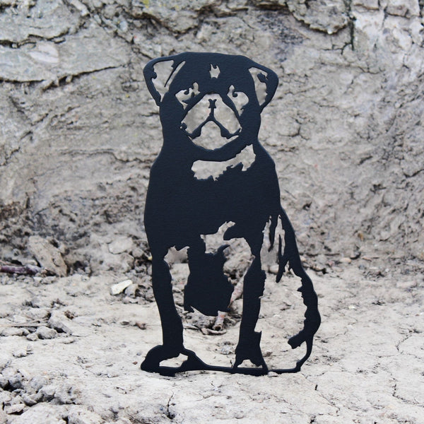 Pug Corten steel dog silhouette, matte black finish, shown outdoors – My Metal Rescue