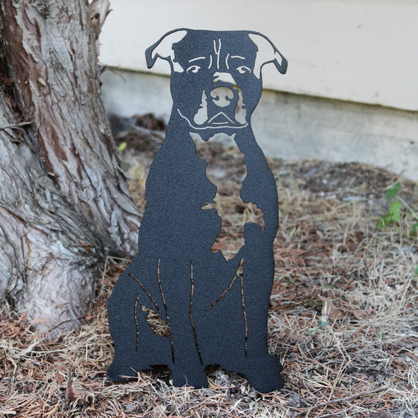 Staffordshire Bull Terrier Corten steel dog silhouette, matte black finish, shown outdoors – My Metal Rescue