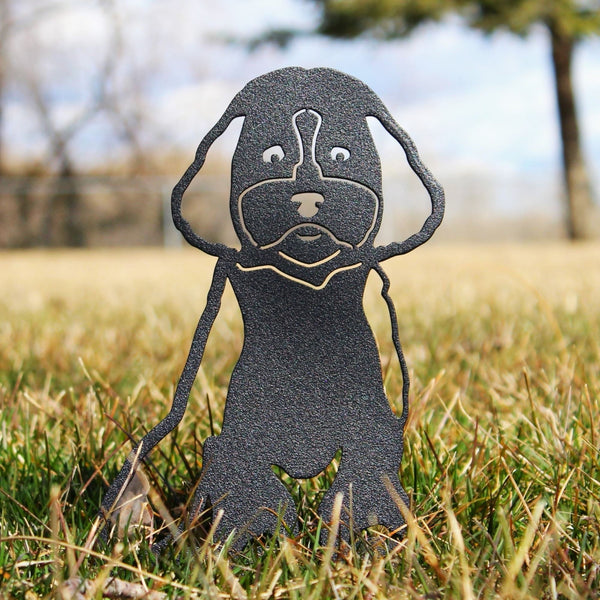 Cockapoo Corten steel dog silhouette, matte black finish, shown outdoors – My Metal Rescue