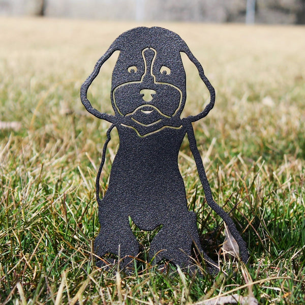 Maltipoo Corten steel dog silhouette, matte black finish, shown outdoors – My Metal Rescue