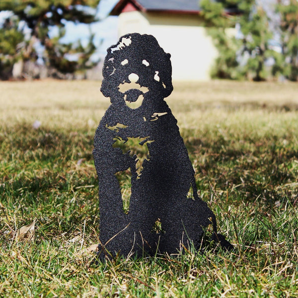 Doodle Corten steel dog silhouette, matte black finish, shown outdoors – My Metal Rescue