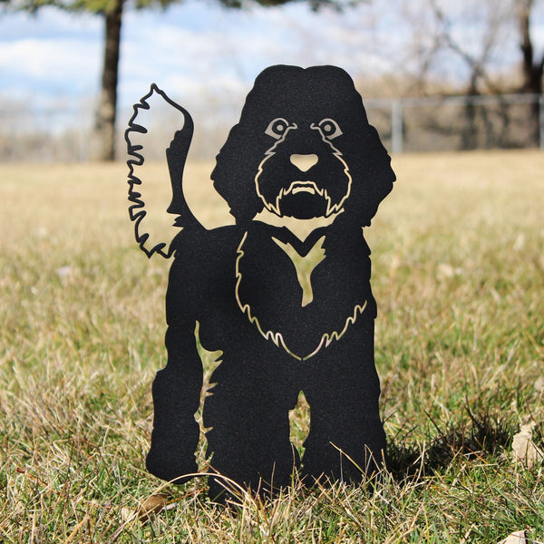 Labradoodle Corten steel dog silhouette, matte black finish, shown outdoors – My Metal Rescue