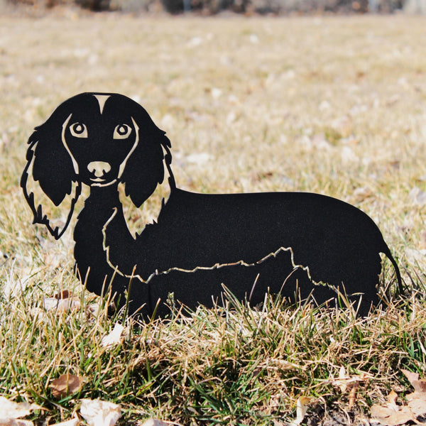 Dachshund Longhaired Corten steel dog silhouette, matte black finish, shown outdoors – My Metal Rescue