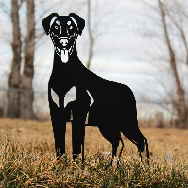 Doberman Pinscher Natural Ear Corten steel dog silhouette, matte black finish, shown outdoors – My Metal Rescue