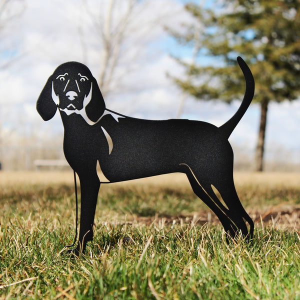 Redbone Coonhound Corten steel dog silhouette, matte black finish, shown outdoors – My Metal Rescue