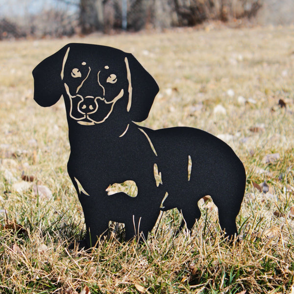 Dachshund Shorthaired Corten steel dog silhouette, matte black finish, shown outdoors – My Metal Rescue