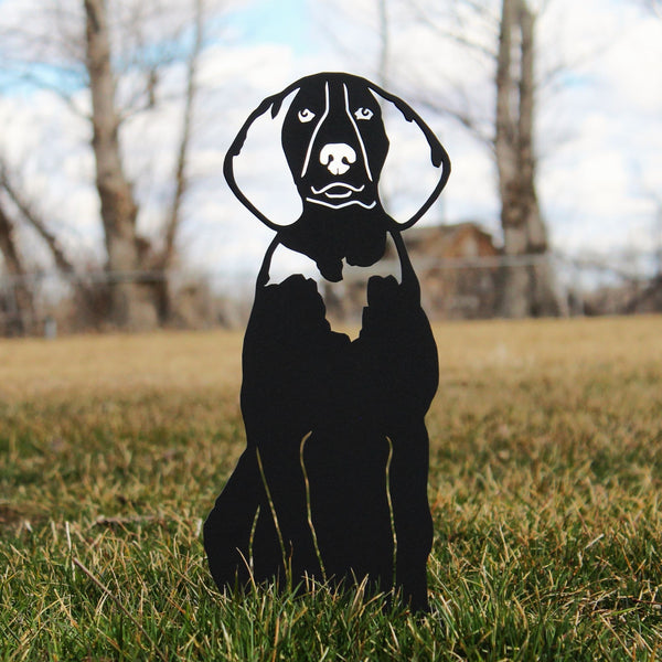 American English Coonhound Corten steel dog silhouette, matte black finish, shown outdoors – My Metal Rescue