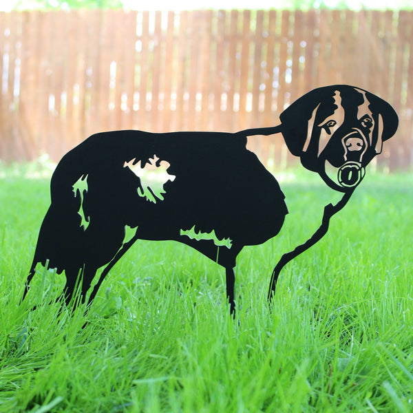Saint Bernard Corten steel dog silhouette, matte black finish, shown outdoors – My Metal Rescue