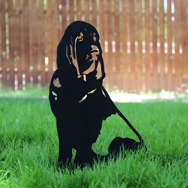 Bloodhound Corten steel dog silhouette, matte black finish, shown outdoors – My Metal Rescue