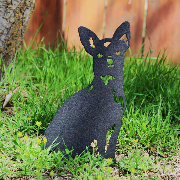 Chihuahua Corten steel dog silhouette, matte black finish, shown outdoors – My Metal Rescue
