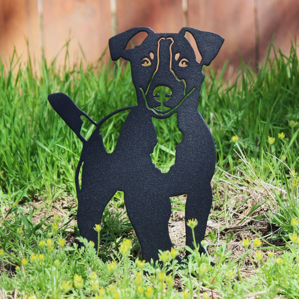 Jack Russell Terrier Corten steel dog silhouette, matte black finish, shown outdoors – My Metal Rescue