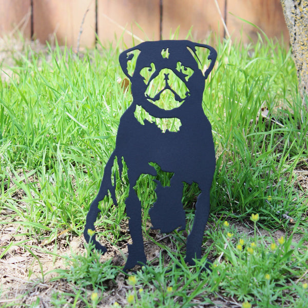 Pug Corten steel dog silhouette, matte black finish, shown outdoors – My Metal Rescue
