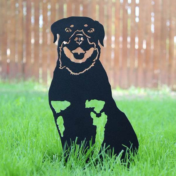 Rottweiler Corten steel dog silhouette, matte black finish, shown outdoors – My Metal Rescue