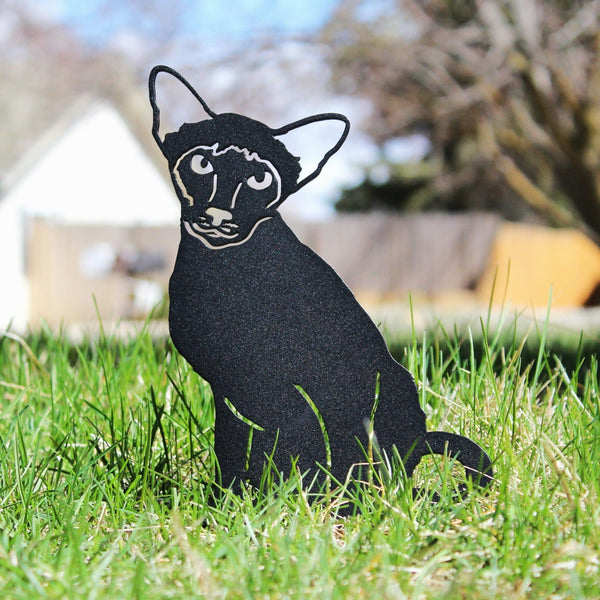 Siamese Corten steel dog silhouette, matte black finish, shown outdoors – My Metal Rescue