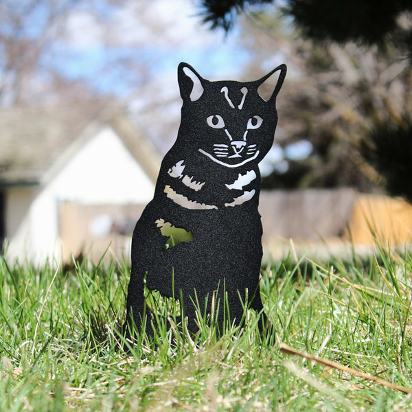 Shorthair Tabby Corten steel dog silhouette, matte black finish, shown outdoors – My Metal Rescue