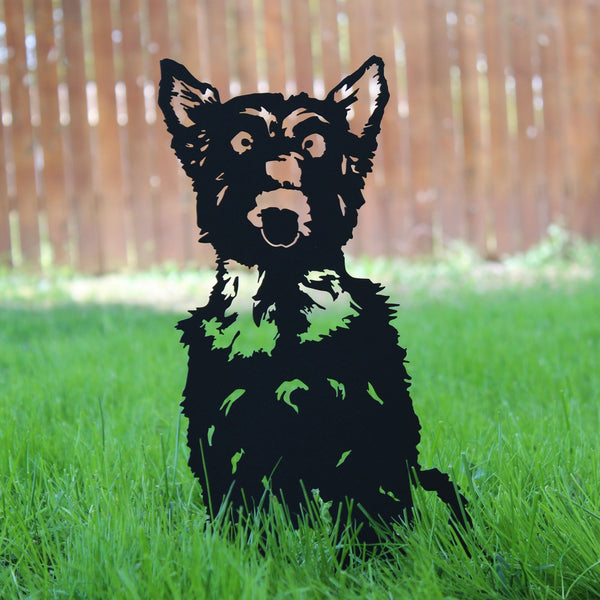 Yorkshire Terrier Corten steel dog silhouette, matte black finish, shown outdoors – My Metal Rescue