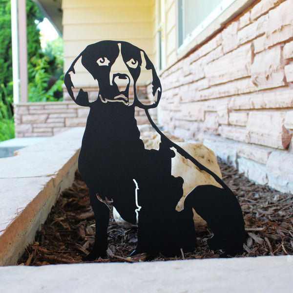 Beagle Corten steel dog silhouette, matte black finish, shown outdoors – My Metal Rescue