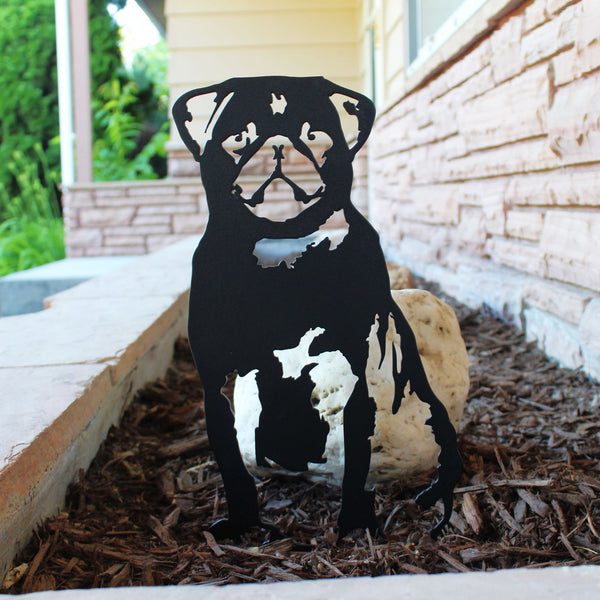 Pug Corten steel dog silhouette, matte black finish, shown outdoors – My Metal Rescue