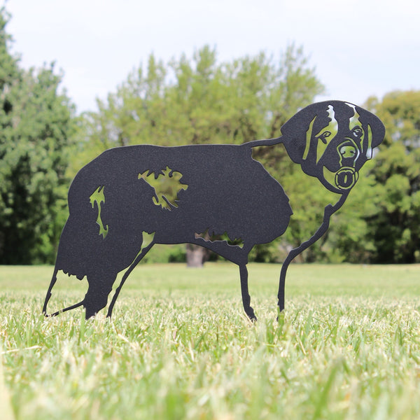 Saint Bernard Corten steel dog silhouette, matte black finish, shown outdoors – My Metal Rescue