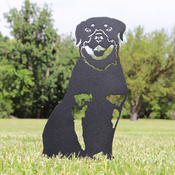 Rottweiler Corten steel dog silhouette, matte black finish, shown outdoors – My Metal Rescue