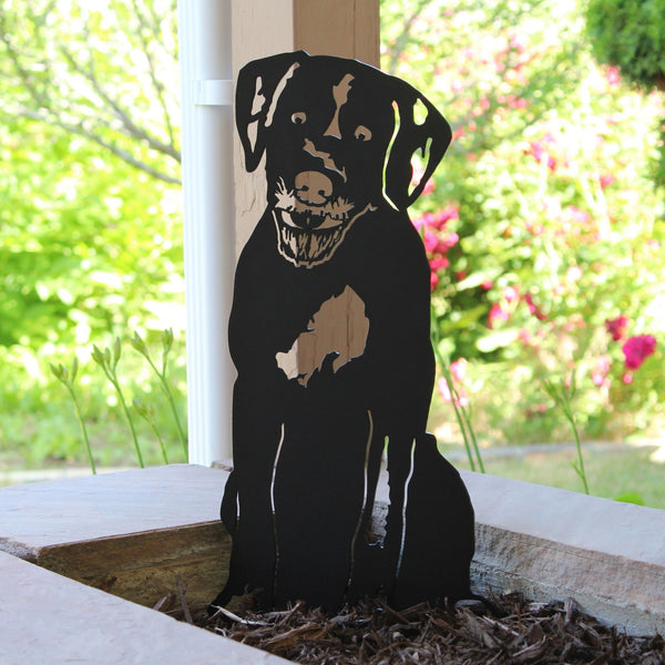 Wirehaired Pointing Griffon Corten steel dog silhouette, matte black finish, shown outdoors – My Metal Rescue