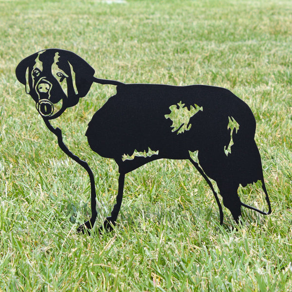 Saint Bernard Corten steel dog silhouette, matte black finish, shown outdoors – My Metal Rescue
