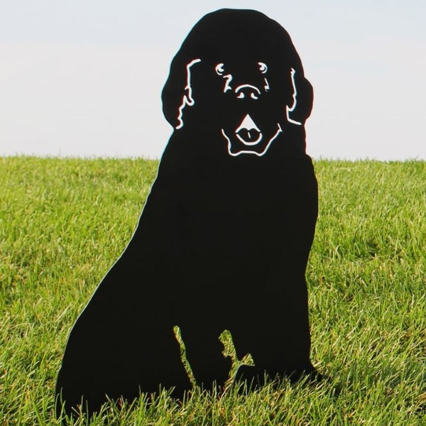 Newfoundland Corten steel dog silhouette, matte black finish, shown outdoors – My Metal Rescue