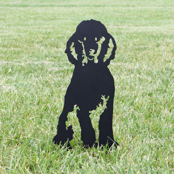Poodle Corten steel dog silhouette, matte black finish, shown outdoors – My Metal Rescue